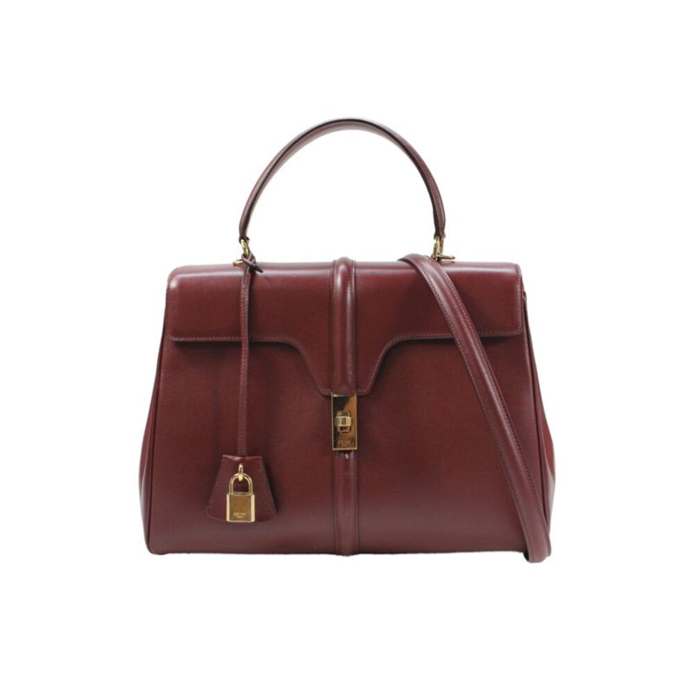 Celine Womens Leather Top Handle Gold Tone Shoulder Handbag Wine Red
